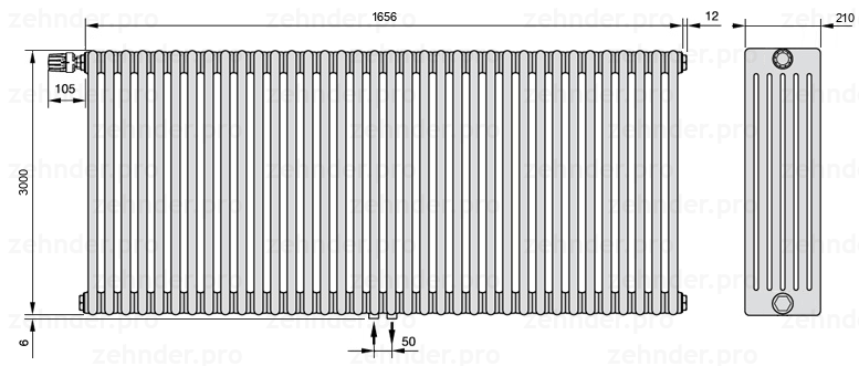 Схема (чертеж) Радиатор Zehnder Charleston 6300/36 №V007 Белый глянцевый RAL 9016